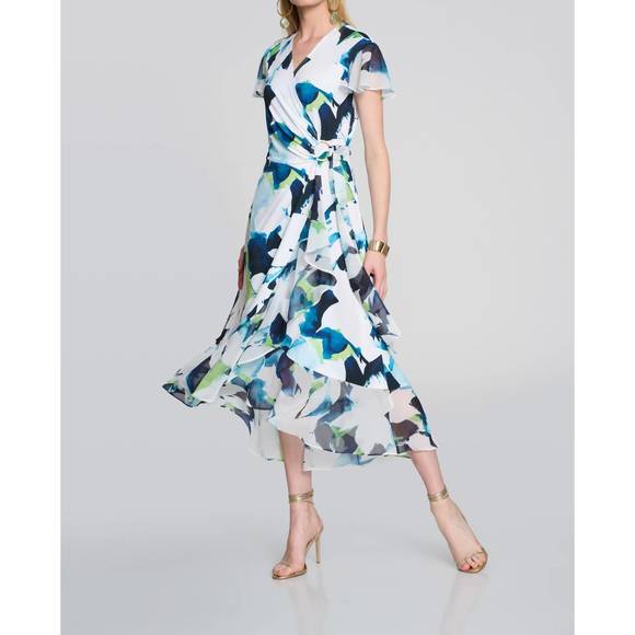 NEW JOSEPH RIBKOFF a-line wrap dress in white with blue print - Picture 1 of 5